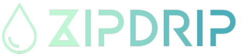 Logo with the text "ZIPDRIP" in gradient turquoise, featuring a stylized water droplet design on the left.