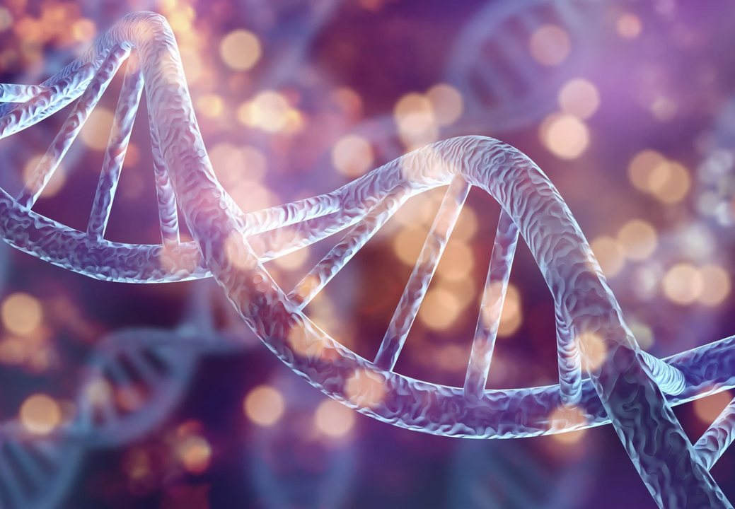 A digital illustration of a DNA double helix intertwined with the concept of NAD therapy, set against a blurry, multicolored background accented by light bokeh effects.