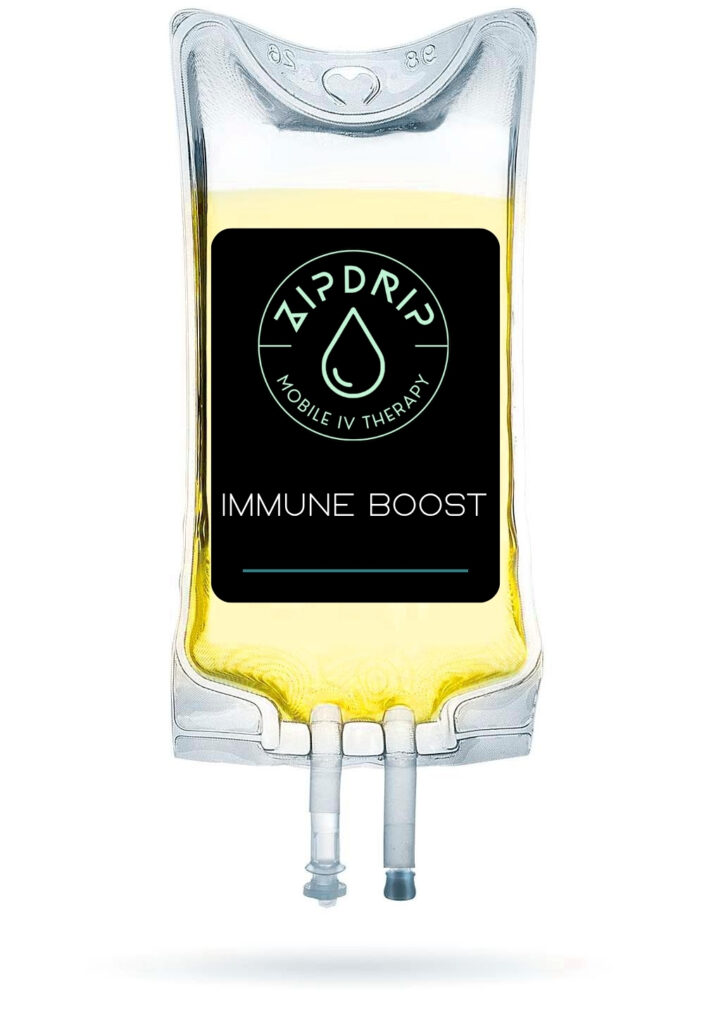 A clear IV bag labeled “ZipDrip Mobile IV Therapy Immune Boost” filled with yellow liquid, against a white background.