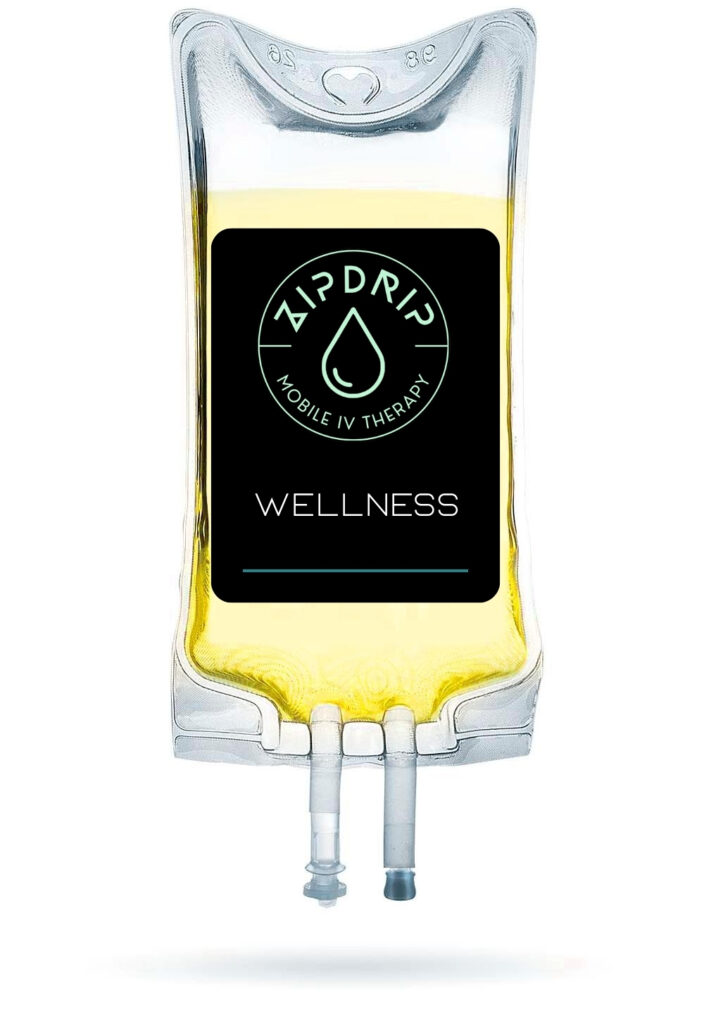 A clear IV therapy bag filled with yellow liquid, labeled “ZipDrip Mobile IV Therapy Wellness,” against a white background.