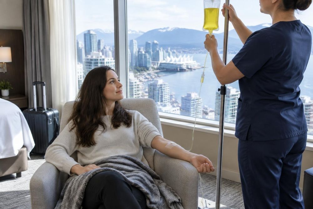 A woman sits in a chair receiving an IV drip from a nurse in a high-rise room with city and mountain views outside the window.